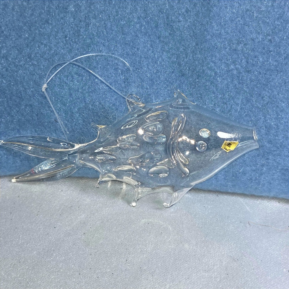 Hand Blown Clear Glass Fish Ornament Coastal Nautical Christmas Suncatcher